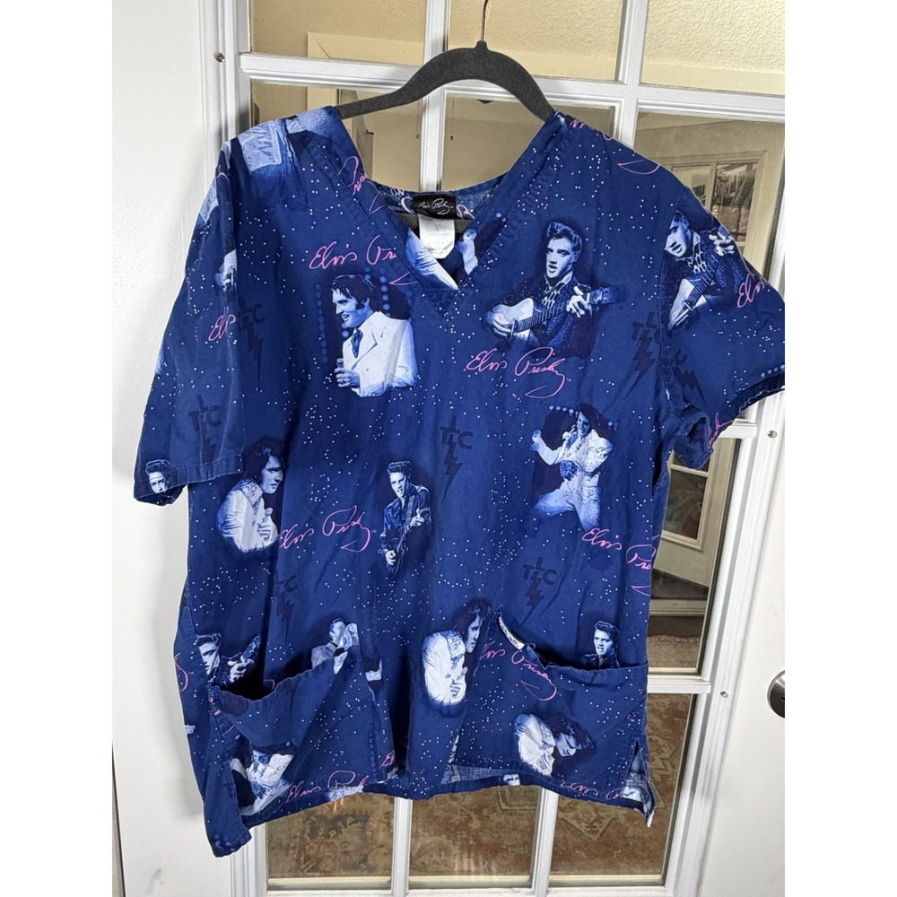 Elvis Presley Women's Large Scrub Top Blue V-Neck Nurse Medical